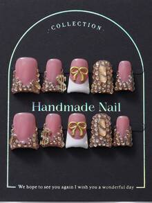 10Pcs/Set Short Duck Nail Tips, Handpainted French Bowknot Rhinestone Encrusted, Luxury Handmade Wear, Y2K Baddie Style, Suitable For Women & Girls Press On Nails Nail Supplies Nails - Champagne - View 2