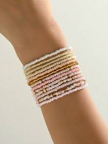 1 Set Of 13pcs Bohemian Beaded Adjustable Bracelet Set, Personalized Niche Gradient Geometric Woven Beaded Bracelet Set, Suitable For Women's Daily, Party, And Holiday Wear - Pink - View 3
