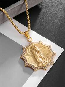 1 pièce Collier pendentif unisexe à la mode en zirconium artificiel chrétien en forme de tournesol de la Vierge Marie, protection du corps et bijou de prière, cadeau