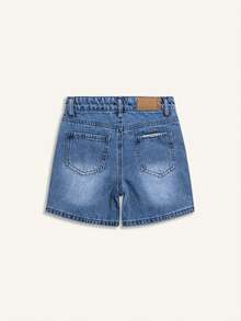 Young Boy Vintage Washed Light Color Embroidered Adjustable Elastic Waist Distressed Denim Shorts - Baby Blue - View 3