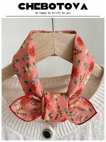 1条女士真丝围巾，小巧精致，碎花图案密集装饰，复古发带款式，适合搭配连衣裙