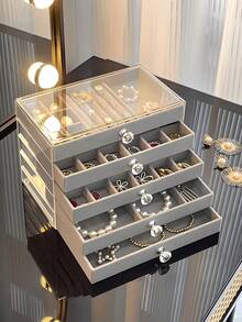 1 pieza, 7 compartimentos, 5 capas, transparente, tela de terciopelo, caja de almacenamiento de joyas de acrílico - gran capacidad para aretes, anillos, collares, uso dual en el hogar y para viajes, diseño de cajón acolchado resistente a la decoloración, regalo para mujeres, caja de joyas de estilo moderno - Acrílico de 5 capas y 7 rejillas - Ver 7