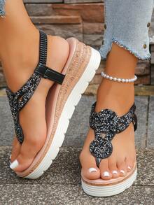 1 Pair Solid Color Beach Fashion Sexy Rhinestone Black Wedge Thick Bottom Sandals, Women Summer Beach Holiday Party Outdoor Black Platform High Heel Toe Ring Sandals