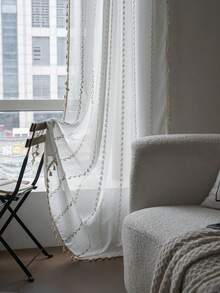 Bubaba 1pc Beige Embroidered Blackout Curtain, Bohemian Romantic Minimalist Style Handmade Embroidered Tasseled Design Home Decor Curtain, Suitable For Bedroom, Kitchen, Dining Room, Door, Cabinet, Seasonal Home Decor - 米色 - 查看 9