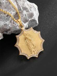 1 pièce Collier pendentif unisexe à la mode en zirconium artificiel chrétien en forme de tournesol de la Vierge Marie, protection du corps et bijou de prière, cadeau
