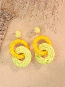 1 对波西米亚风格拉菲草环状耳环，海滩度假配饰，蓝色、粉色、米色，适合日常佩戴或度假