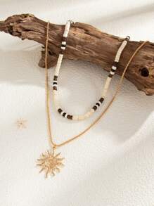2pcs Fashionable Casual Minimalist Geometric Spiral Sun Seashell Beads Necklace Set, For Men Daily Party Wear