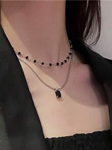1pc Black Double-Layer Rhinestone Decor Necklace, Minimalist Delicate Luxurious Collarbone Chain For Women