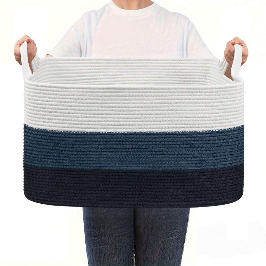 1pc Square Storage Basket, Neutral Color Extra Large Toy Box, Handmade Rope Basket With Handles, For Storing Clothes, Toys, Blankets, Miscellaneous Items In Living Room, Bedroom, Nursery, Playroom, 18.9" X 13.4" X 11", 55L Capacity