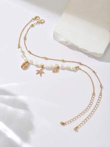 2pcs Bohemian Style Starfish Seashell Anklet For Women, Versatile For Beach Holiday And Daily Wear (Natural Seashells May Vary In Size And Color; Bead Chain Is A Finished Product, And Handmade Beads May Differ Slightly From The Picture)
