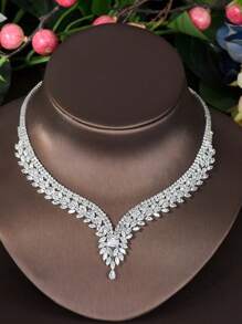 1 set de bijuterii pentru femei, include colier, cercei, brățară, inel, cu decor cu frunze de zirconiu cubic, stil minimalist, potrivit pentru cadou de Ziua Îndrăgostiților