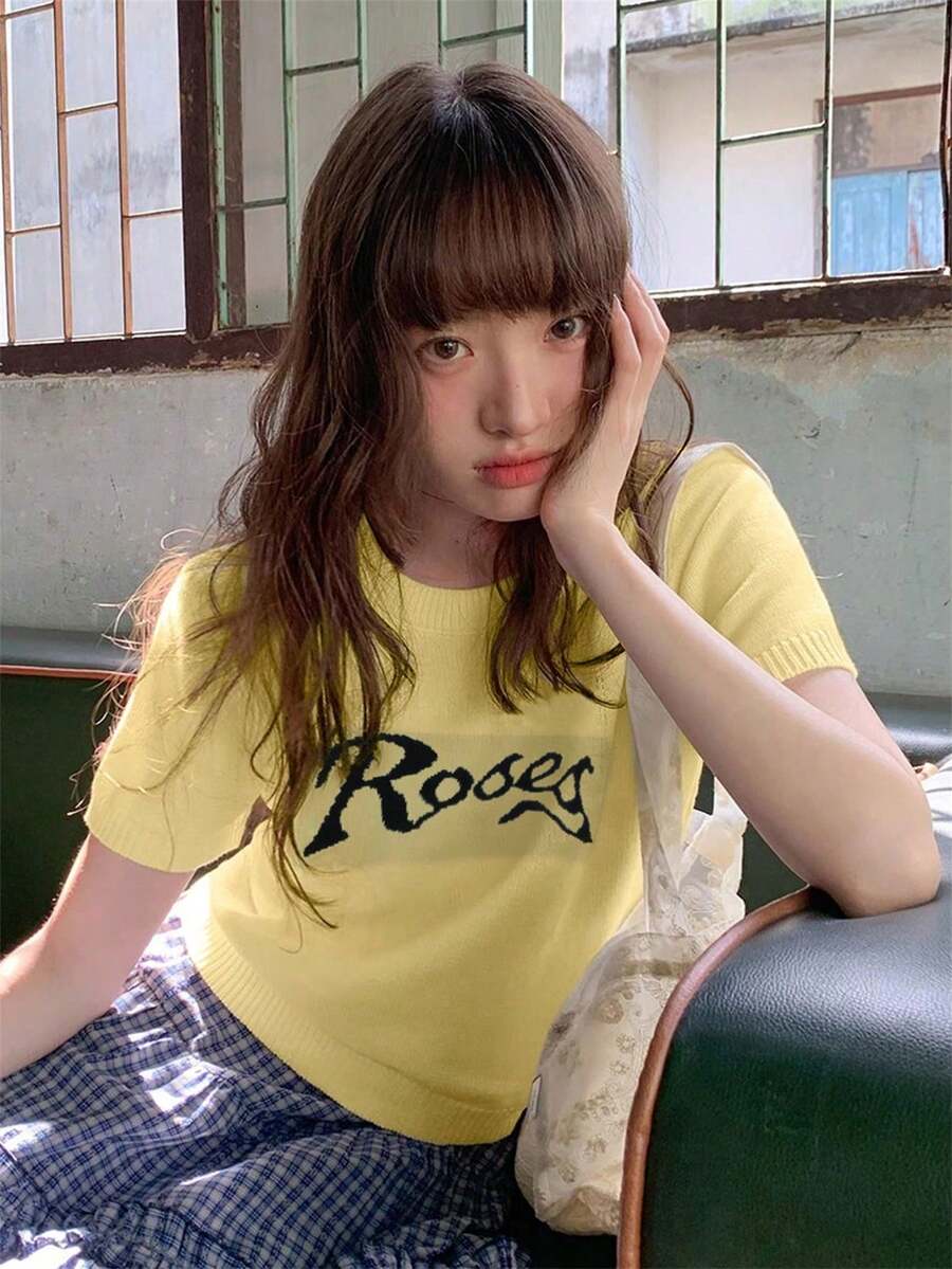 RUIWY 女款彩色块字母印花针织短袖T恤，夏季设计休闲圆领上衣，修身