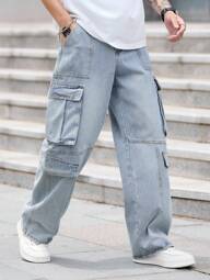 1pc Men's Casual Cargo Jeans, Street Style Patchwork Wide Leg Pants, Distressed Washed Loose Fit Trousers (Belt And Accessories Not Included)
