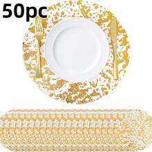 12/24/50/100/150 Stücke 33cm rundes Einweg-Besteck-Set in Goldfarbe, elegante Folie Tisch-Deko, geeignet für Hochzeit, Party, Veranstaltung, Weihnachten, Thanksgiving, Geburtstag, Abschluss, Candle-Light-Dinner, Valentinstag und Single-Party