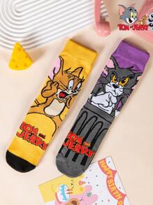 Warner Bros TOM & JERRY 2 Pairs Cute Cartoon Print Breathable Soft Mid-Calf Socks, Reinforced Heel And Toe For Durability, Unisex For All Seasons, Fall