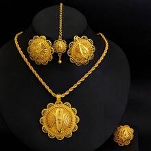 Bộ trang sức 6 món Dubai/ - Dây chuyền mặt dây chuyền màu vàng, nhẫn, hoa tai, vòng tay, băng đô, kẹp tóc, quà tặng cưới cho cô dâu nữ, Châu Phi/Ả Rập Xê Út - Vàng - Xem 2