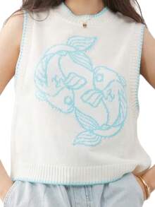 Womens Stylish Ribbed Knit Sweater Vests Cherry Lobster Contrast Hues Sleeveless Crew Neck Slim-Fitting Tank Tops