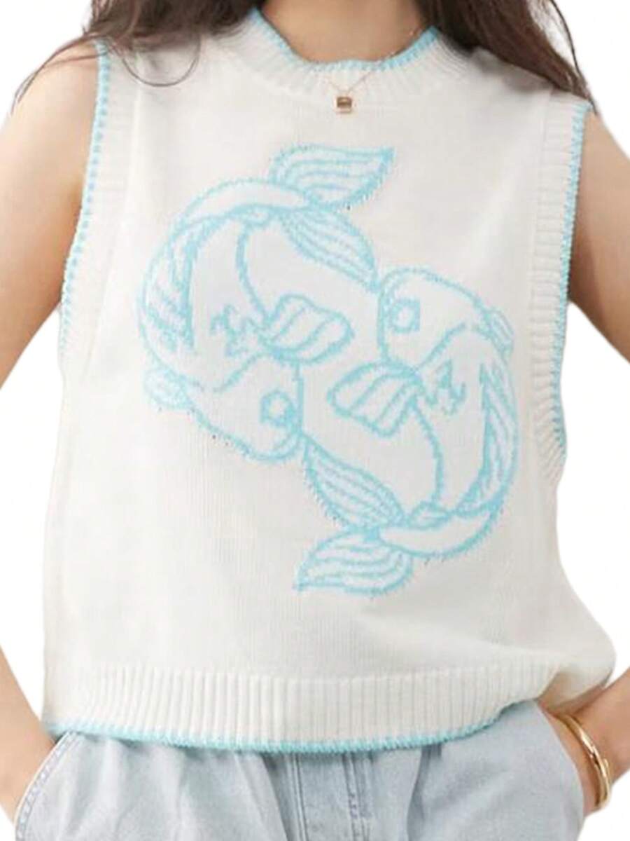 Womens Stylish Ribbed Knit Sweater Vests Cherry Lobster Contrast Hues Sleeveless Crew Neck Slim-Fitting Tank Tops