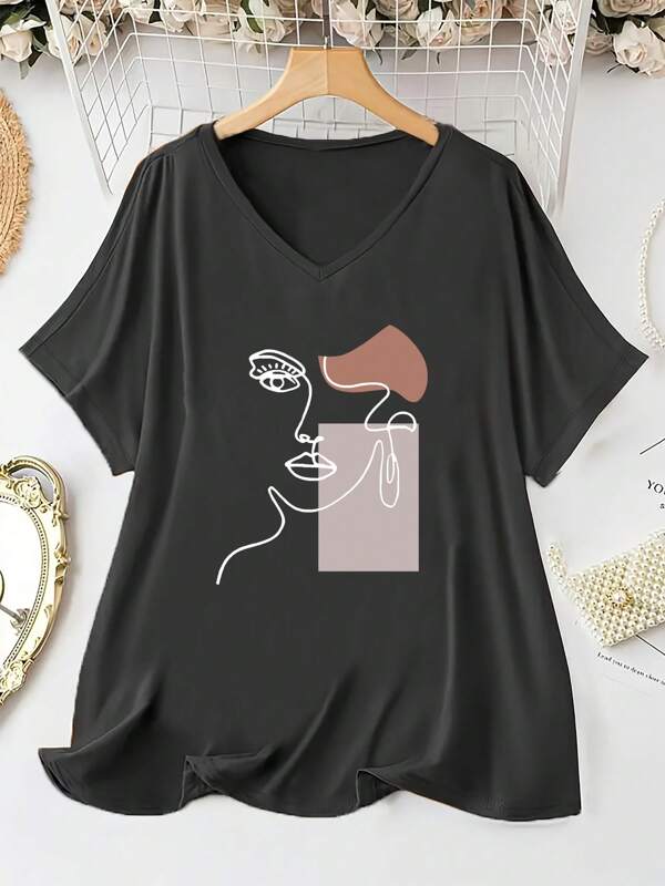 Plus Size Women's V-Neck Casual T-Shirt, Abstract Face Line Art Colour Blocking Elegant Batwing Sleeve T-Shirt, Soft Stretchy Loose Fit Summer And Autumn Holiday Travel Top