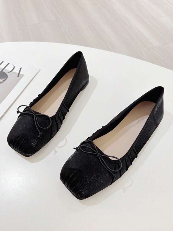 Satin Bow Ballet Flats Women, Square Toe Low Vamp Ballerina Shoes, Plus Size 41-45