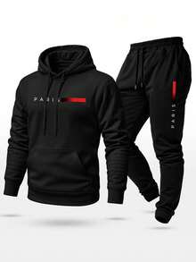 Unisex Paris Print Sweatshirt Set, Hoodie, Pants And  Pocket Top - 黑色 - 查看 1