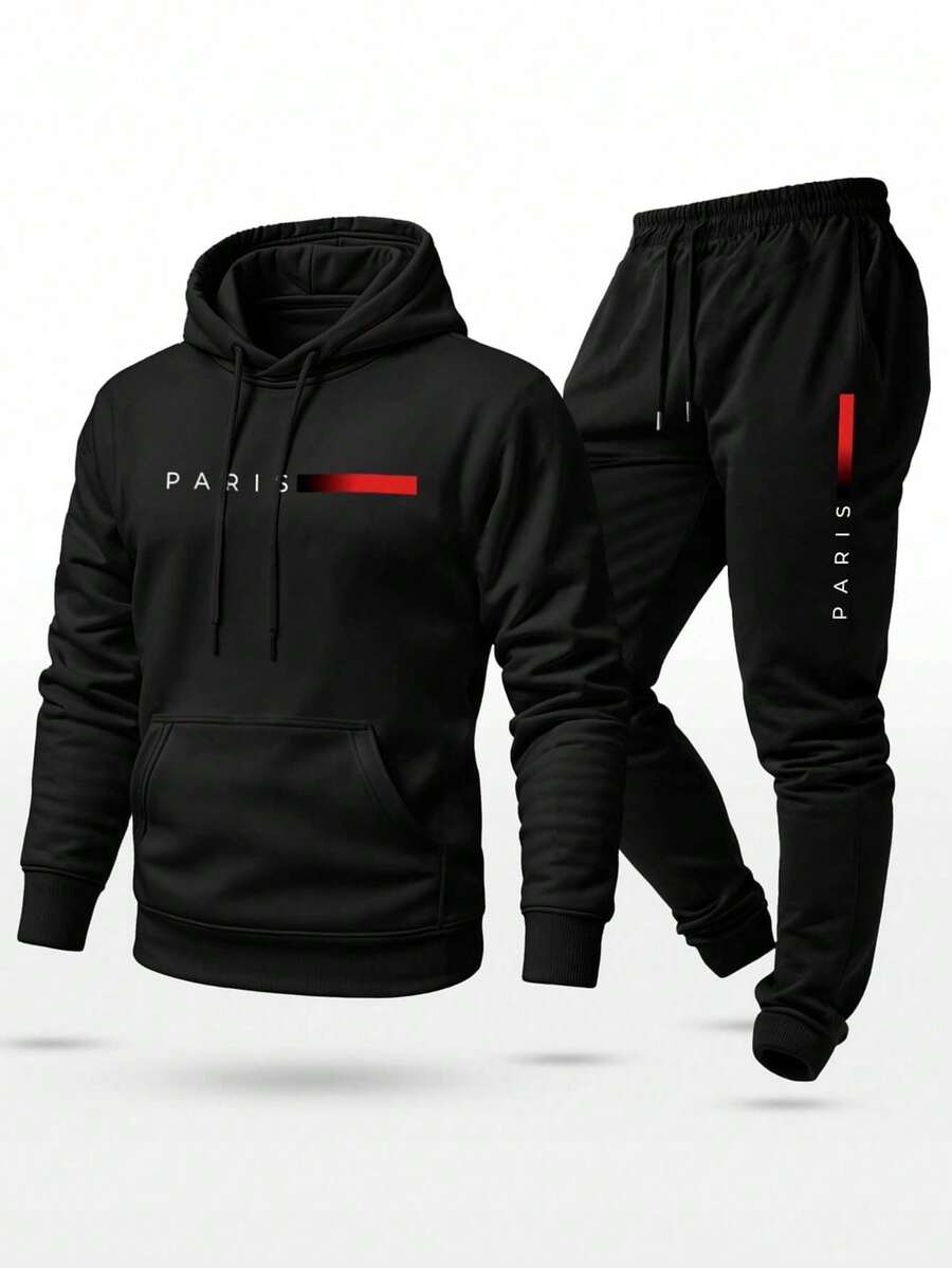 Unisex Paris Print Sweatshirt Set, Hoodie, Pants And Pocket Top - 黑色 - 查看 1