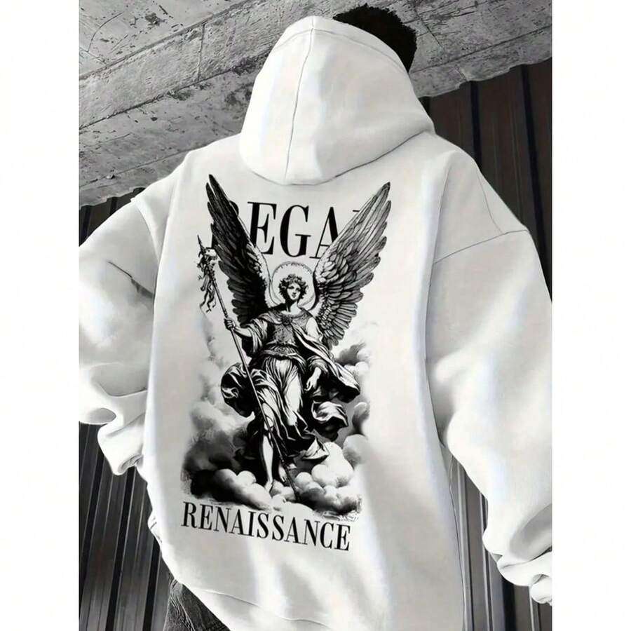 Men's Printed Sweatshirt Top Angel Renaissance Streetwear Winter Flannel Coat - 白色 - 查看 1