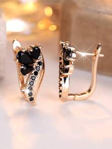 1 对优雅心形黑色方晶锆石女士环形耳环 - 奢华婚礼、派对和日常佩戴 - 耐用闪亮的配饰 - 黑色 - 查看 4