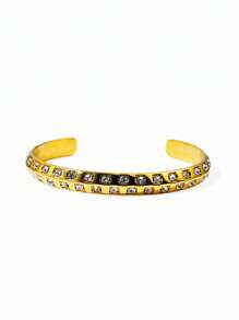 1pc Double Row Crystal C-Shape Open Bangle Bracelet, 18K Gold Stainless Steel Plating, Fashion Jewelry Suitable For Women's Daily Wear