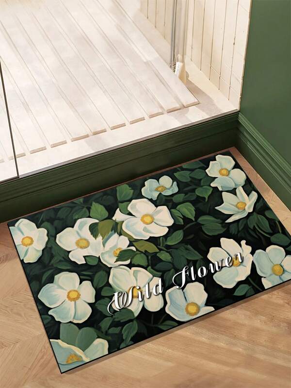1 peça de tapete de banheiro verde retrô com flores brancas, forro antiderrapante, absorvente e resistente a manchas, decoração para casa. Adequado para banheiras, chuveiros, cozinhas, banheiros, tapetes de quarto, salas de estar, capachos, tapetes de área e carpetes de área externa, adequado para todas as estações, incluindo primavera, verão, outono e inverno.