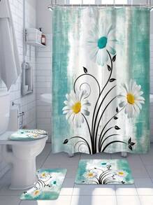 [Floral Shower] Ensemble de rideaux de douche fleuris de style ferme, 1 pièce/4 pièces rideau de séparation de salle de bain avec 12 crochets, tapis de bain, tapis de toilette en forme de U, housse de siège de toilette, accessoires de salle de bain, décoration de salle de bain Back to School