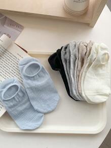 5 Pairs Women Solid Color Boat Socks, Invisible Silicone Non-Slip Breathable Hollow Out Thin Casual Socks
