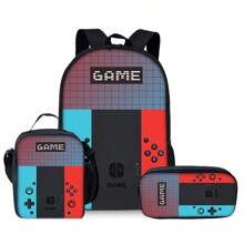 Game Console Pattern Printed Backpack Three Pieces Set (Single-Layer Backpack + Shoulder Strap Lunch Bag + Single-Layer Pencil Bag) School Bag