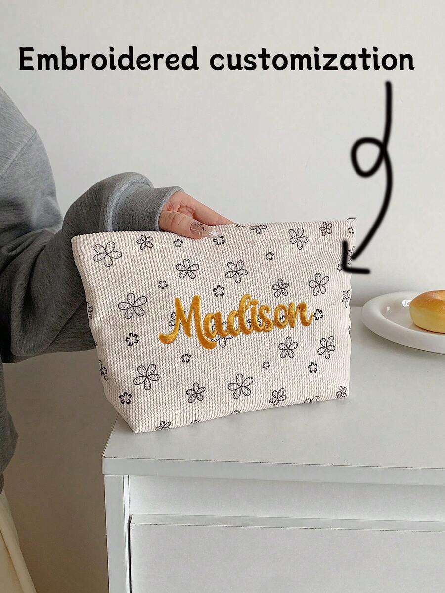 (Embroidered Custom) Beige Cute Makeup Bag Clutch, Heart Print, Corduroy Fabric, Comfortable Large Capacity Durable Portable Travel Storage Bag, Zipper Closure Washable, Dorm Essential Toiletry Bag, Suitable For Makeup Tools, Gift For Girls - Multicolor - View 1