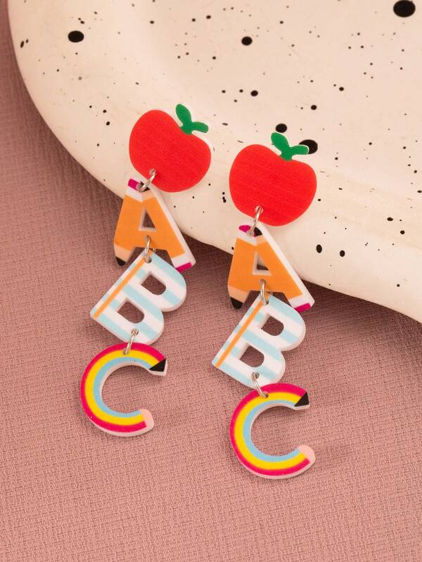 1 Pair Apple ABC Pendant Earrings, Fashion Jewelry Accessories For Back To School Season, Teacher's Day