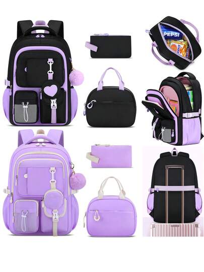 3-pack hjärtmönster flickryggsäcksset, inklusive handväska och pennfodral, lätt skolväska med stor kapacitet, design med flera fickor, passar 15,6" laptop, lila reserygsäck, nödvändigt för skolstarten