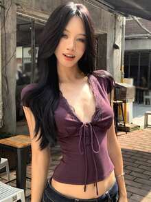 Women Deep V Neck Tops Slim Tie-Up Lace Trim Short Sleeve Crop Shirts Fashion Summer Streetwear - 紫色 - 查看 1