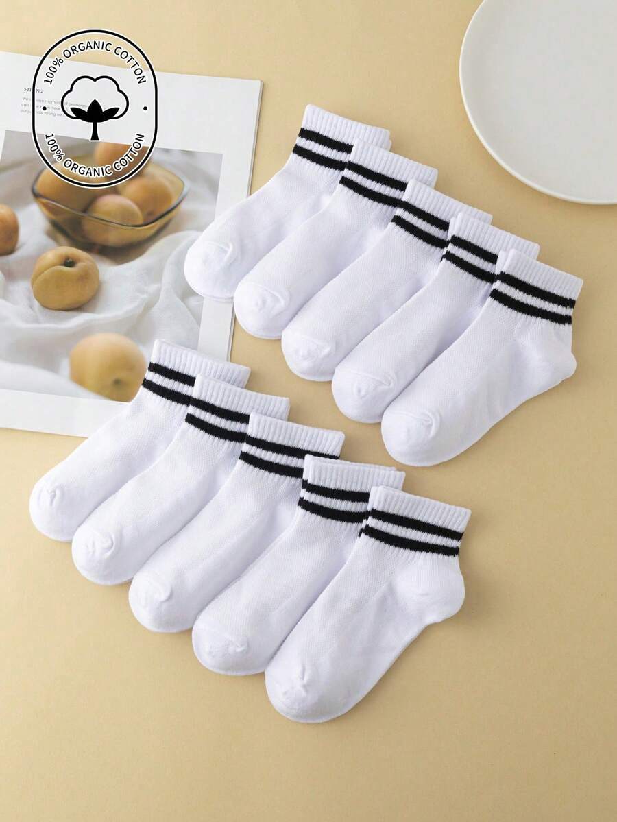 10 Pairs Kids/Youth Cotton Plain Casual Socks, Breathable Middle Tube Sports Socks For Students - Black and White - View 1