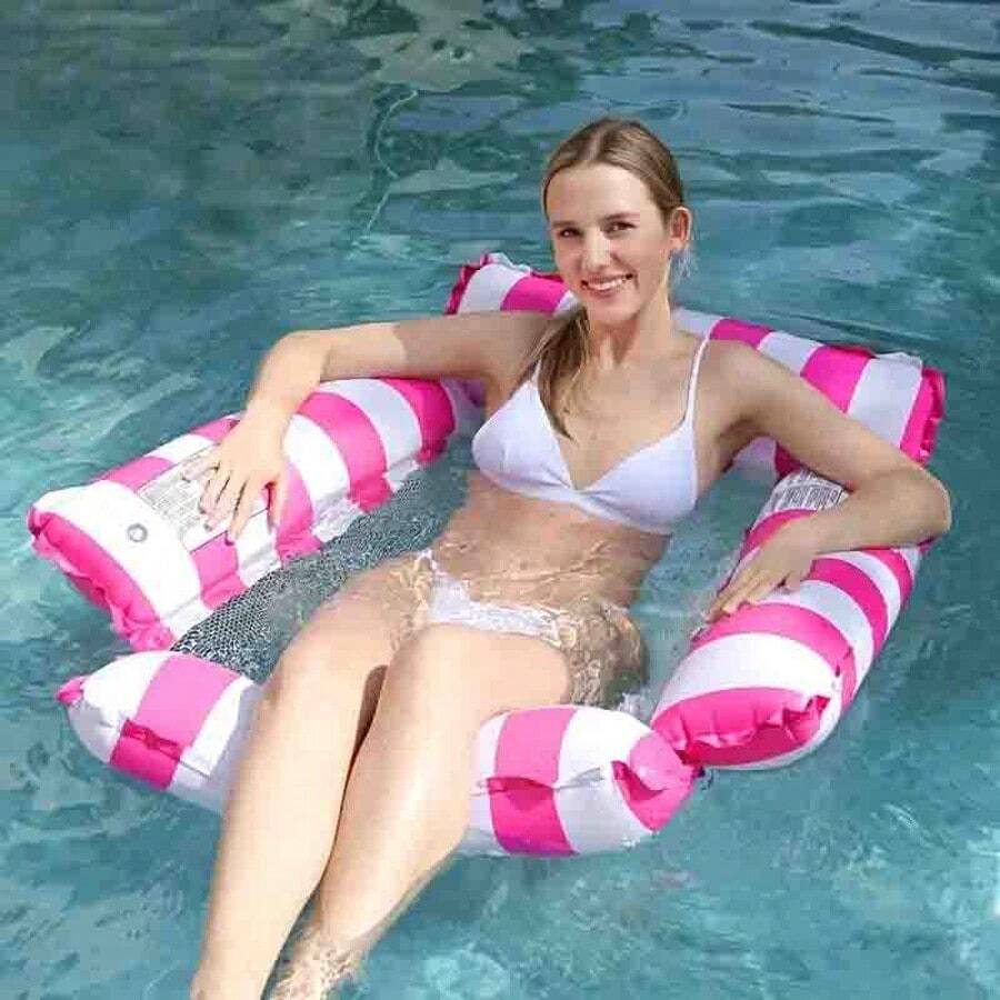 1pc Water Adult Inflatable Hammock, Inflatable Lounger, Striped PVC Inflatable Float For Swimming Pool - Pink - View 1