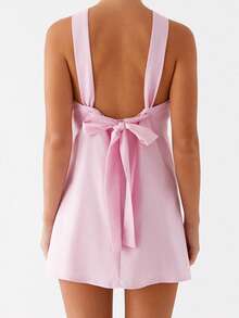 Women Mini Dress Solid Color/Floral Print Halter Neck Backless Dress Summer Fashion Sleeveless Casual Dress - 粉色 - 查看 7