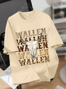 Tween Boy Personalized Simple Childlike Five-Pointed Star Black Bull Head Cartoon Letter Slogan Print Pullover Round Neck T-Sleeve Summer New Boys Clothes Kids