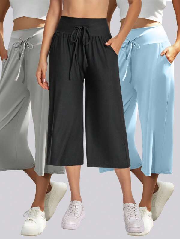 3pcs Set Women 7/8 Leggings, Made Of Elastic & Breathable Fabric, High Waist With Drawstring & Pockets, Suitable For Gym, Yoga, Street Fashion, Tennis, Golf, Cycling, Hiking, Great Lifestyle Bottoms