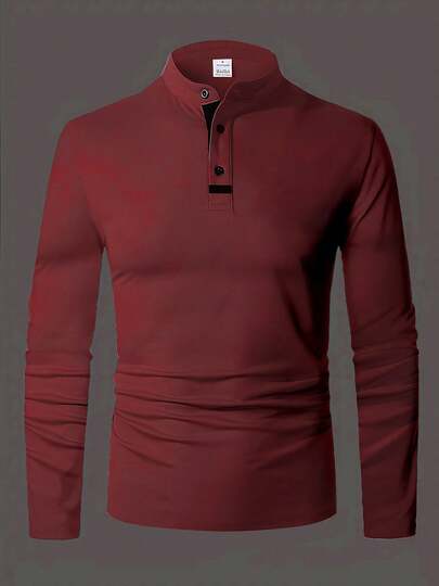 Men's Solid Wine Red Minimalist Style Stand Collar Polo Shirt Top. Comfortable Fabric For Casual, Business, Daily Wear, Long Sleeve Jacket, Autumn/Winter
