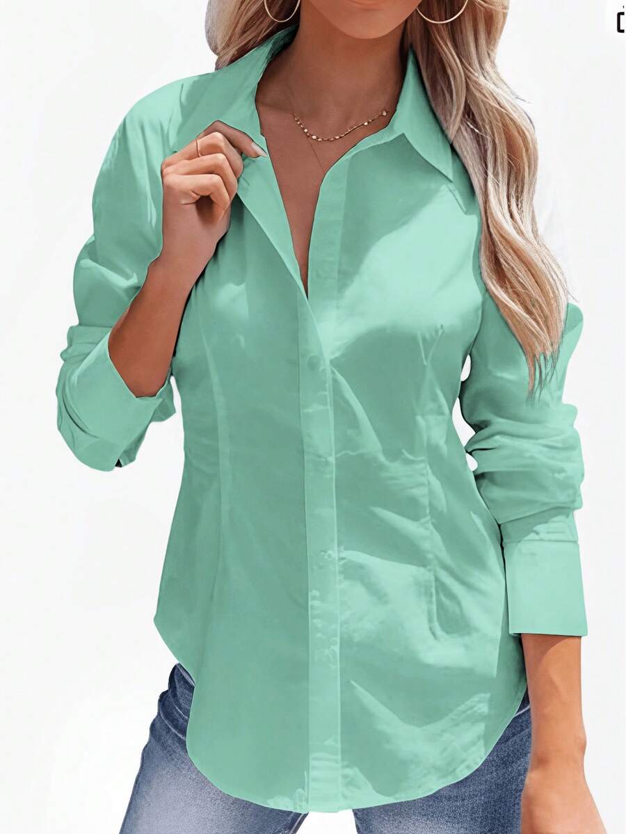 Women's Regular Fit Collared Shirt, Button Front, Smooth Fabric - Green - View 1
