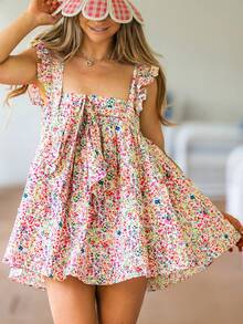 Women Ruffle Trim Babydoll Mini Dress Cute Bow Tie Flowy Sundress Loose Sling Dress Floral Going Out Dresses - Pink - View 1