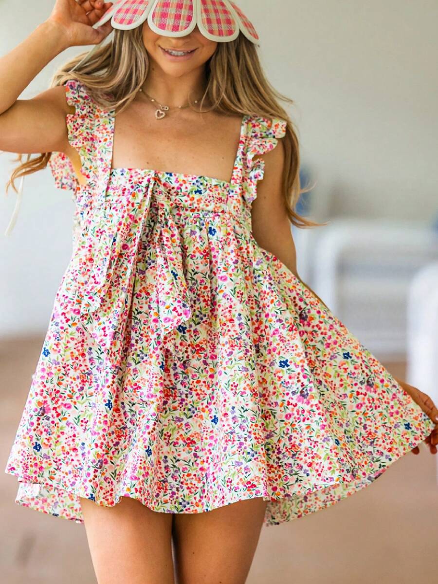 Women Ruffle Trim Babydoll Mini Dress Cute Bow Tie Flowy Sundress Loose Sling Dress Floral Going Out Dresses - Pink - View 1
