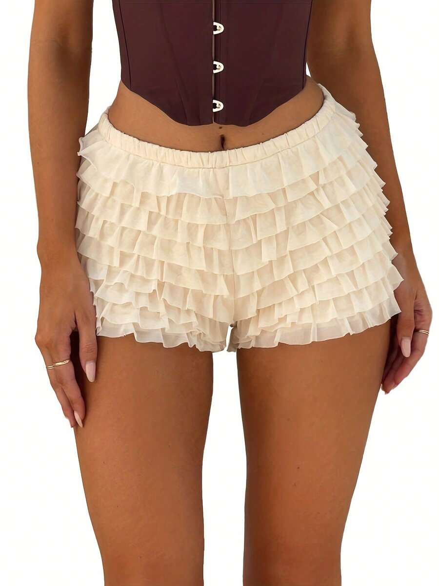 Women Shorts, Summer Elastic Waist Solid Layered Slim Fit Casual Shorts Clubwear