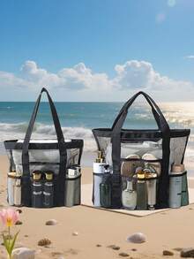 1 pièce Sac de plage, Sac de toilette portable, Sac de plage en maille d'été décontracté, Sac de toilette de voyage à bandoulière, Sac de rangement extérieur, Sac de piscine anti-sable, Sac de rangement avec fermeture éclair et poches latérales, Sac en maille respirant, Sac portable multi-poches, Sac de plage en maille pliable, Essentiel pour la plage et les voyages de vacances, Convient pour une utilisation familiale, Pliable et léger - Multicolore - Voir 4