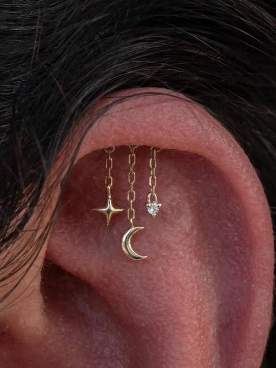 1Pc Star Moon Pendant 925 Sterling Silver Earring For Women Classic Hypoallergenic Minimalist Gift For Her Wedding Party Fine Jewelry - Gold - View 1