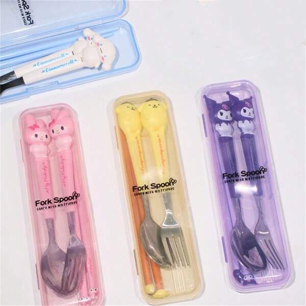 Sanrio 2pcs Sanrio Cartoon, Stainless Steel Travel Utensils-Hand And Spoon,School Supplies